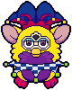 art of a yellow furby with a purple belly, wearing a dark blue jester's cap with red accents and a blue and white checkered jester's collar