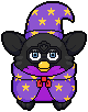 art of a black furby toy with a purple belly, wearing purple wizard clothing decorated with yellow stars and a red bow