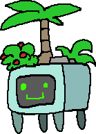 a drawn image of a blocky computer with four stubby legs and a collection of plants on top of it