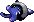 pixel art of small blue blob creature with cat ears, whiskers, and tail, wearing a grey helmet and laying on its back