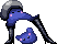 pixel art of two blue blob creatures, one of which is wearing a grey helmet and long shiny black boots on long legs as it stands over a smaller blob without any accessories and short legs