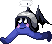 more art of the blue blob creature, this time with a halo, black bat-like wings, human-like legs, and a smile on its face, running to the left