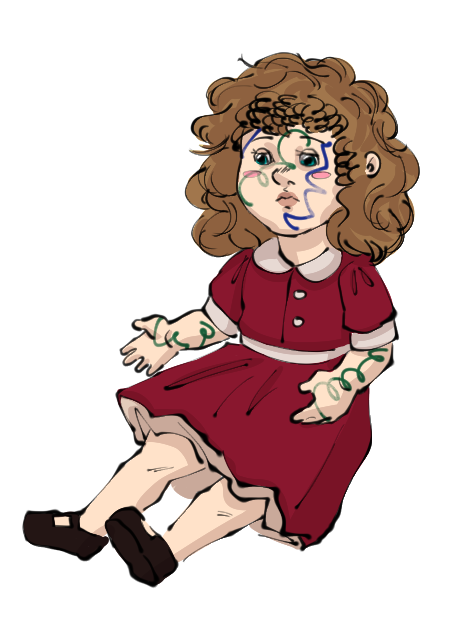 a drawing of a doll with pale skin, wavy light brown hair, and a red dress. the doll's face and arms are covered in crayon or marker scribbles