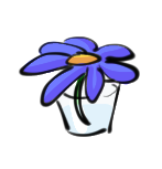 a drawing of a blue flower in a small transparent glass