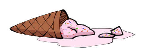 a drawing of a ice cream cone with a scoop of pink ice cream with rainbow sprinkles dropped on the ground and melting into a puddle