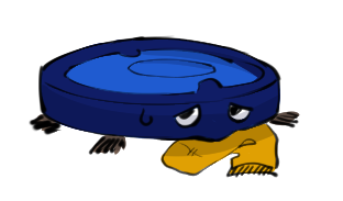 a drawing of a roomba with legs, eyes, and a mouth, looking guilty while holding a sock