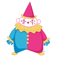 a drawing of a small clown with a white head and red, blue, and yellow attire. it stares very intensely at the viewer