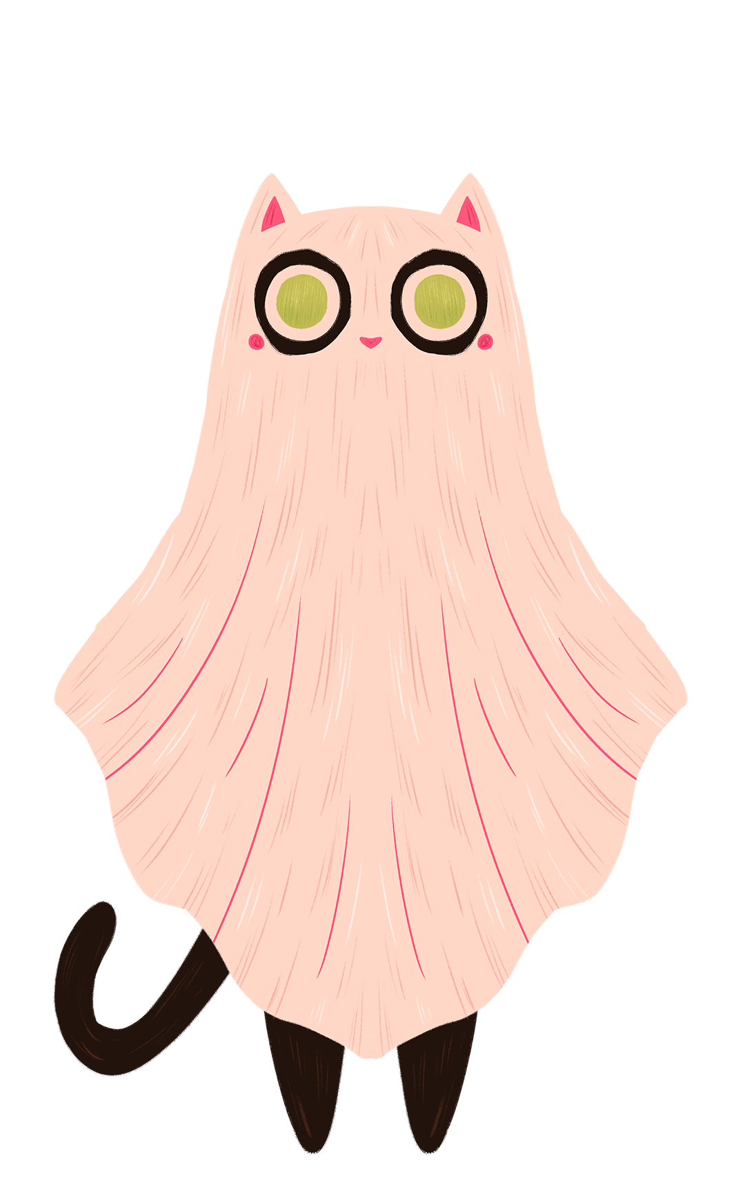 a drawing of a black cat with green eyes, dressed up in a sheet ghost costume that covers most of its body