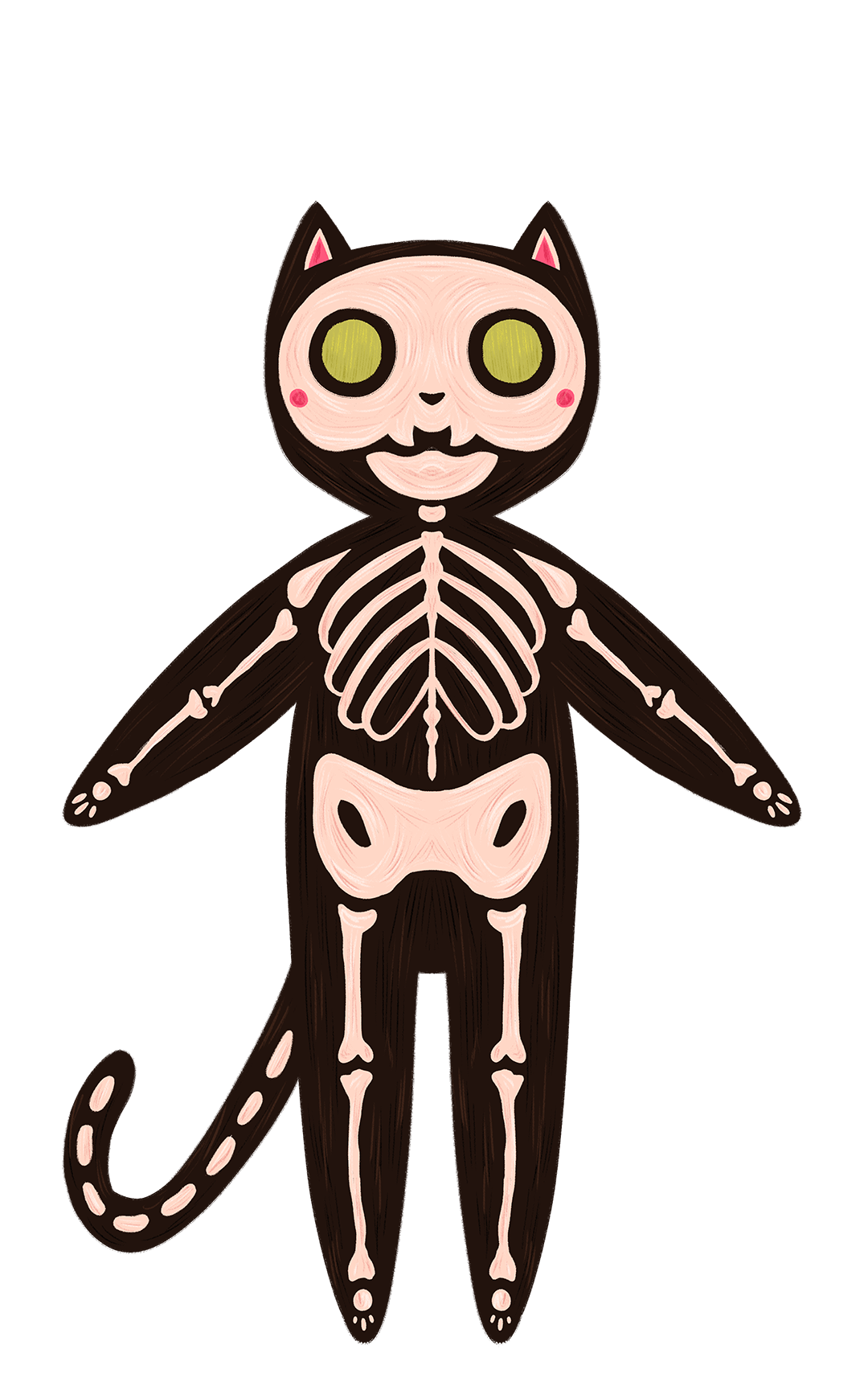 a drawing of a black cat with green eyes, dressed up in a skeleton costume