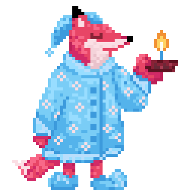 a pixel art gif of a anthro red fox dressed in light blue sleeping attire holding a candle, bobbing up and down idlely
