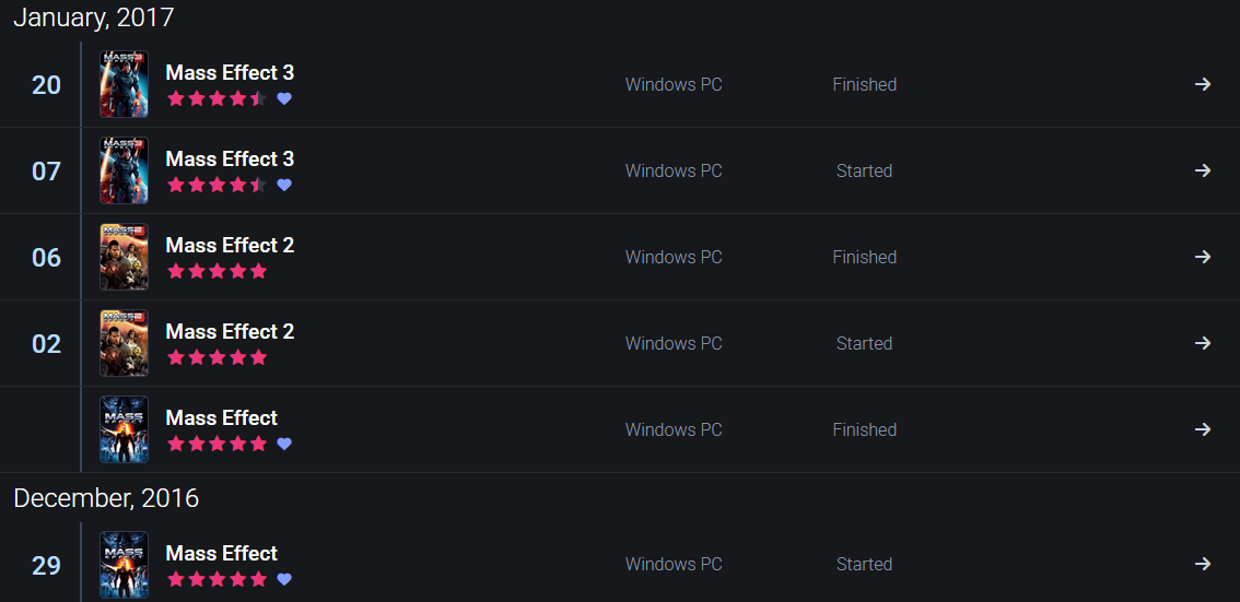 A screenshot of the three mass effect games played from December 29, 2016 to January 20, 2017.