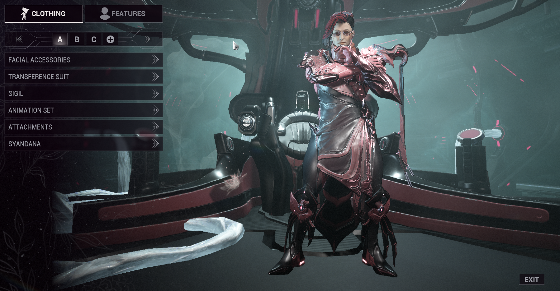 Warframe Drifter, with black and pinks as the primary colours.