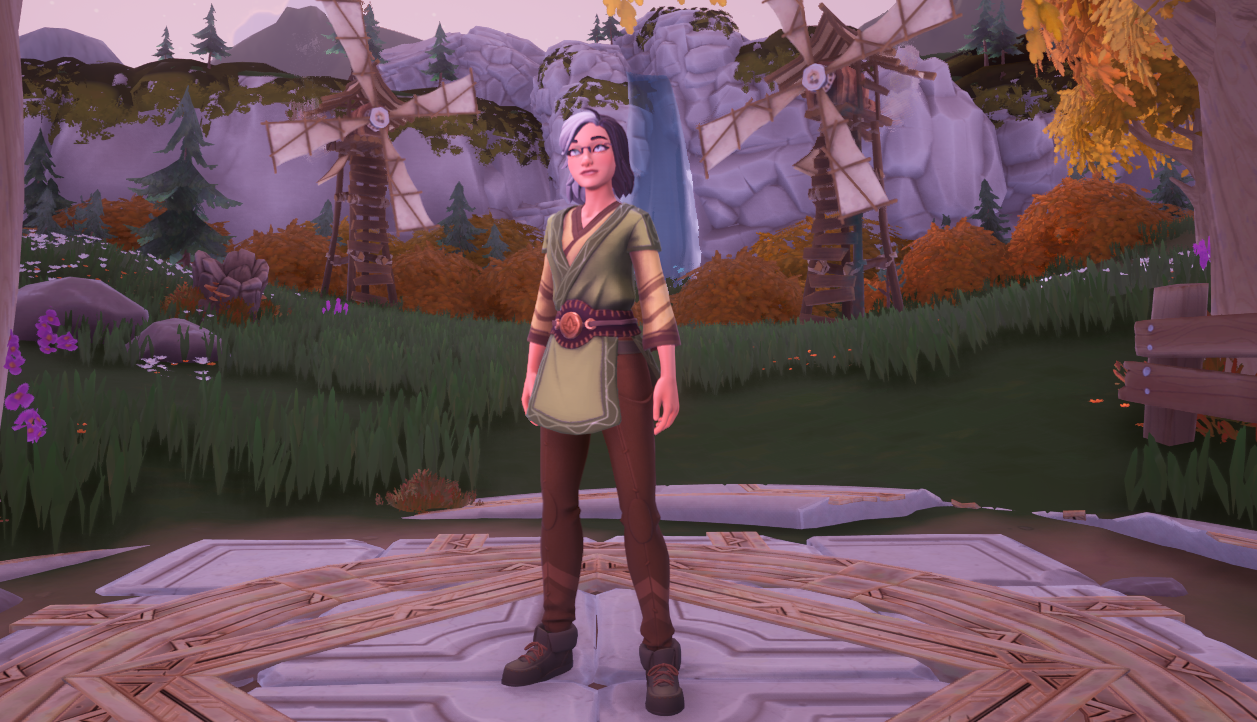 A Palia avatar with split black-white hair, grey eyes, and glasses.