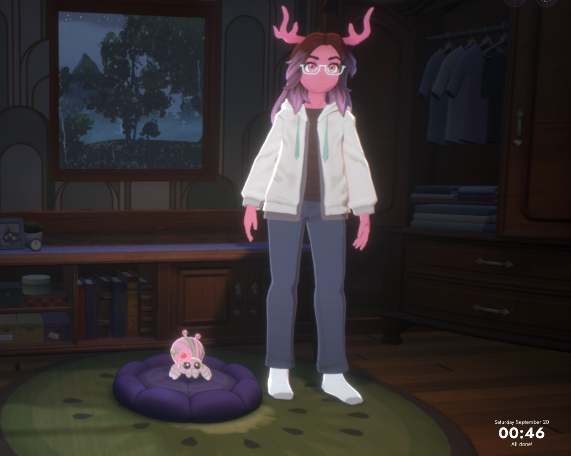 An avatar with pink skin, brown-pink hair, pink eyes, and pink horns.