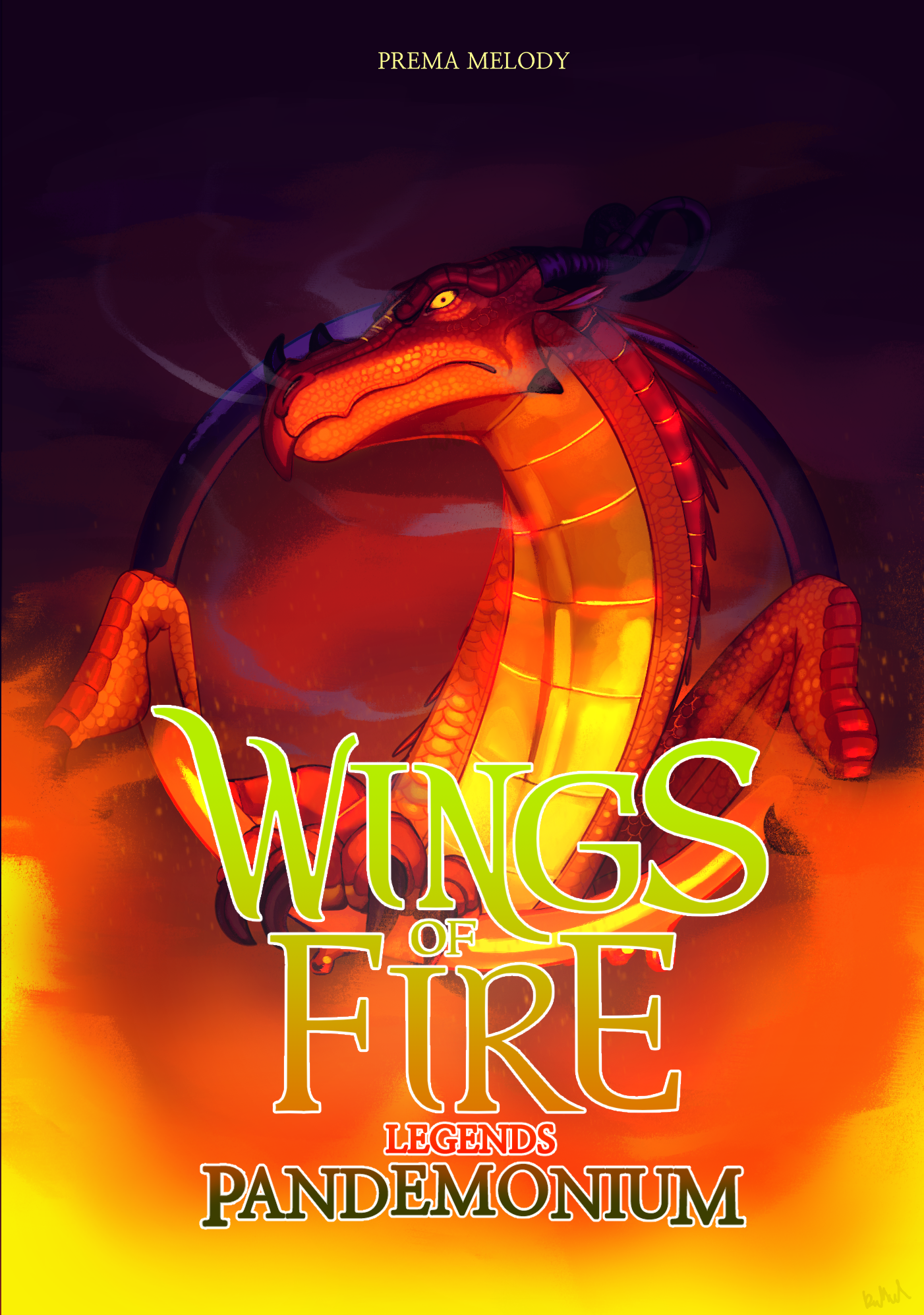 An image of a fic cover featuring a red-orange SkyWing in the middle with her yellow eyes glaring down at the reader. Her body sticks out of a golden ring with only her wing-claws and left talon sticking out, the rest of her body being invisible. The background is full of orange flames at the bottom, and smokey dark purple clouds at the top.