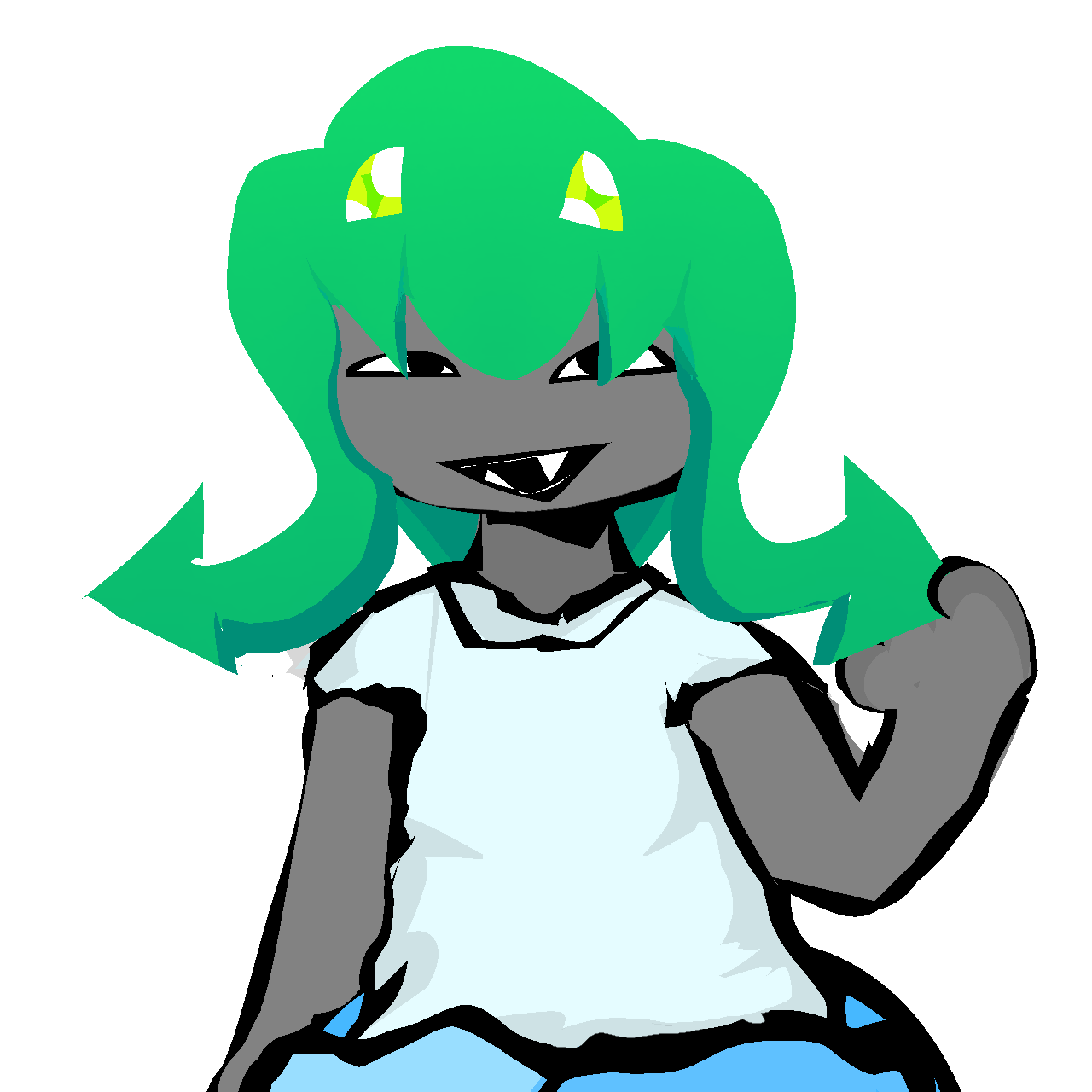 chiotris nymphsona. green tentacle hair blue tshirt blue jacket around waist