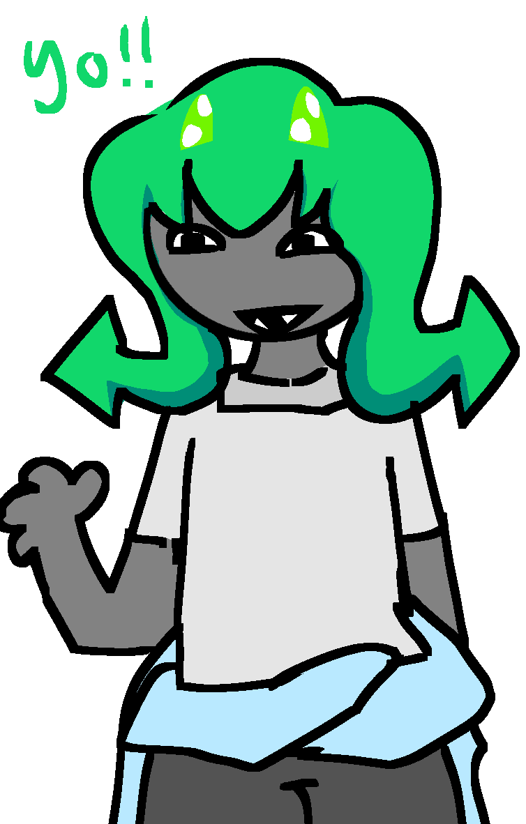 chiotris nymphsona. green tentacle hair blue tshirt blue jacket around waist