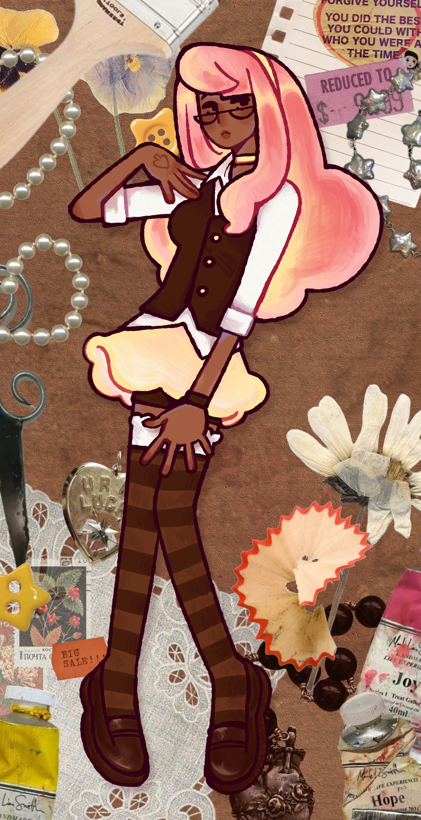 a cartoony drawing of a character in front of a collage background