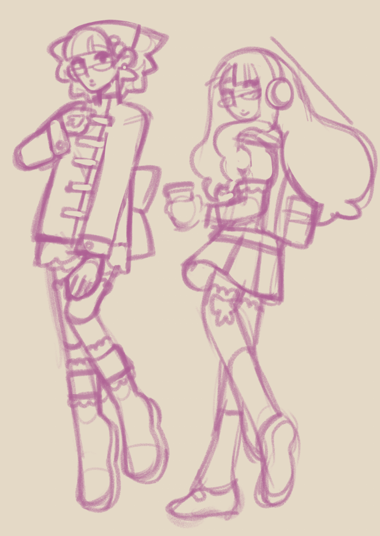 two digital pink sketches of the same character