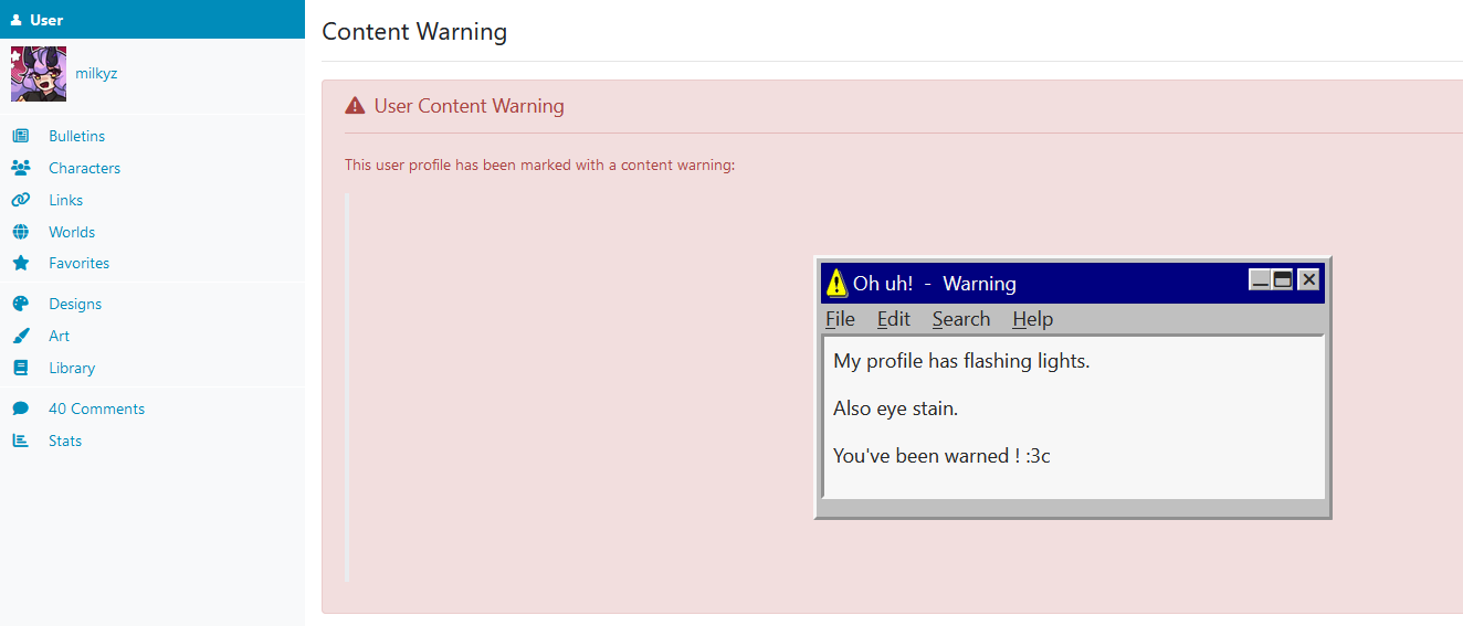 Do YOU have a profile warning? on Toyhouse