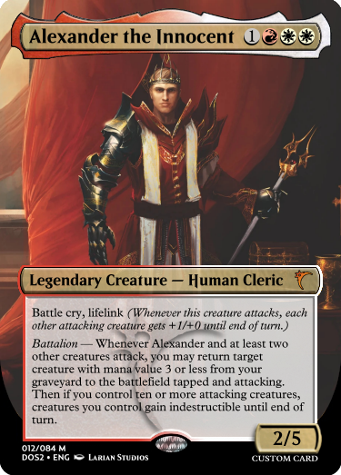 A fake Magic: The Gathering card called Alexander the Innocent, details below