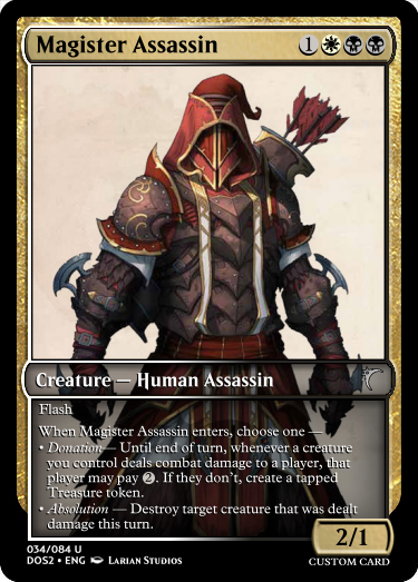 A fake Magic: The Gathering card called Magister Assassin, details below