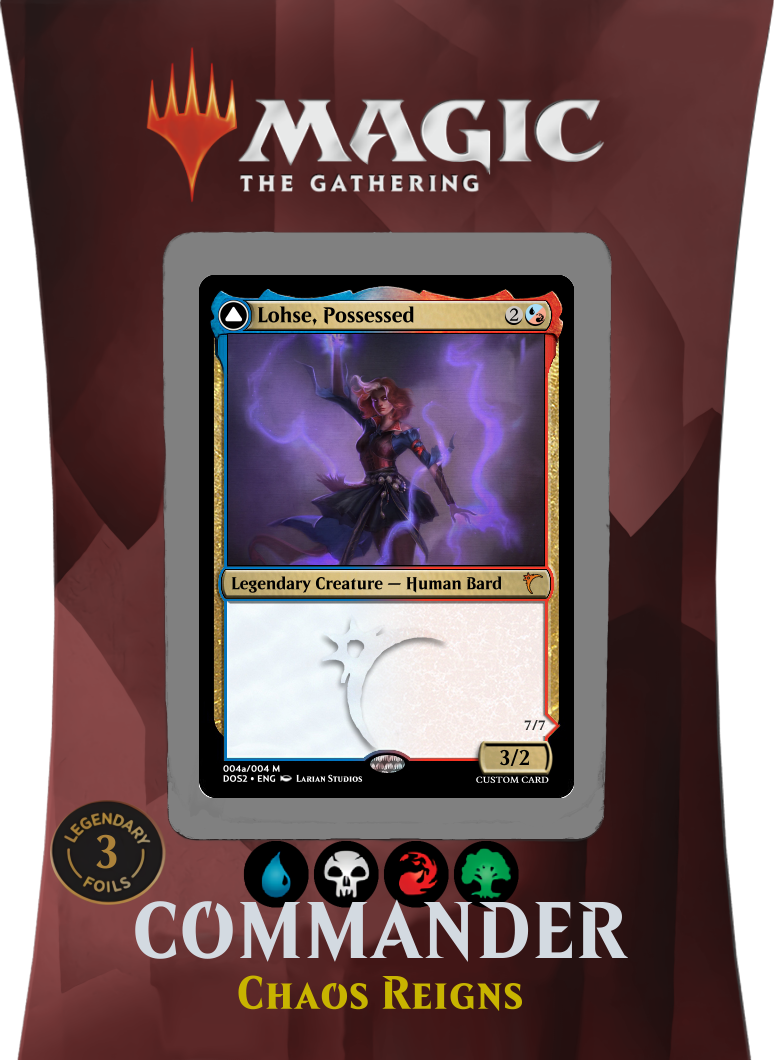 A fake Magic: The Gathering precon box for a Glint-Eye (Four Color No White) Commander deck called Chaos Reigns, featuring a fake card called Lohse, Possessed as its face commander. Lohse is a transforming card with a 7/7 creature back face.