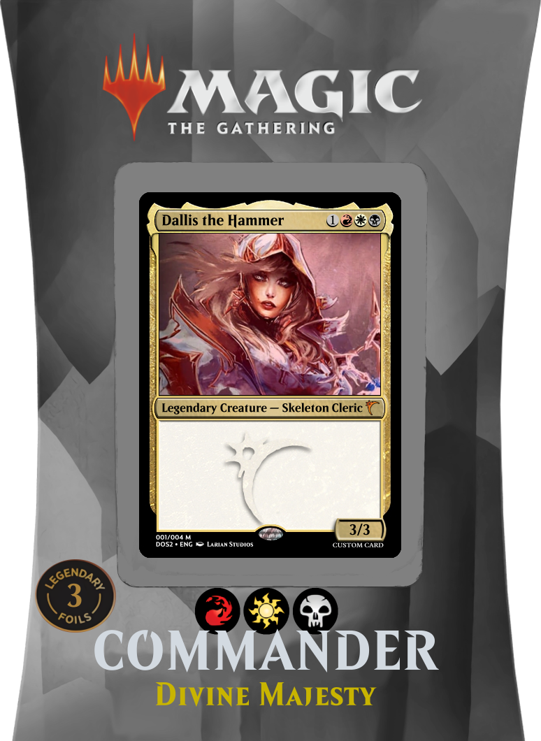 A fake Magic: The Gathering precon box for a Mardu Commander deck called Divine Majesty, featuring a fake card called Dallis, the Hammer as its face commander.