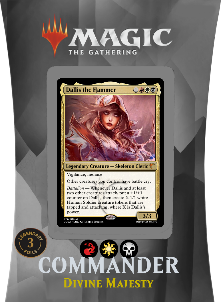 A fake Magic: The Gathering precon box for a Mardu Commander deck called Divine Majesty, featuring a fake card called Dallis, the Hammer as its face commander.