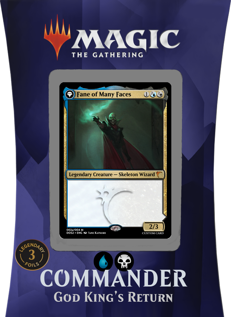 A fake Magic: The Gathering precon box for a Dimir Commander deck called God King's Return, featuring a fake card called Fane of Many Faces as its face commander. Fane is a transforming card with a non-creature back face. The symbol in the top left indicates the card is a 'Sparker', suggesting the back face will be a planeswalker.