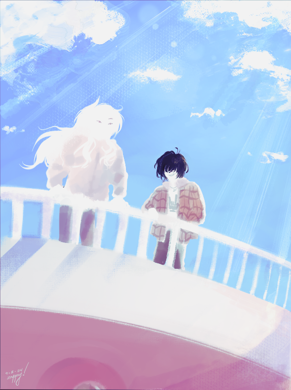 Zach and Luke (pre-reveal) on a cruise ship, overlooking the ocean.