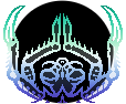 The mantis god from Inscryption - it is a pixel art piece of a mantis that is praying. Its colours have been altered to a gradient of the mlm flag. There is a black circle behind it to make it easier to see.