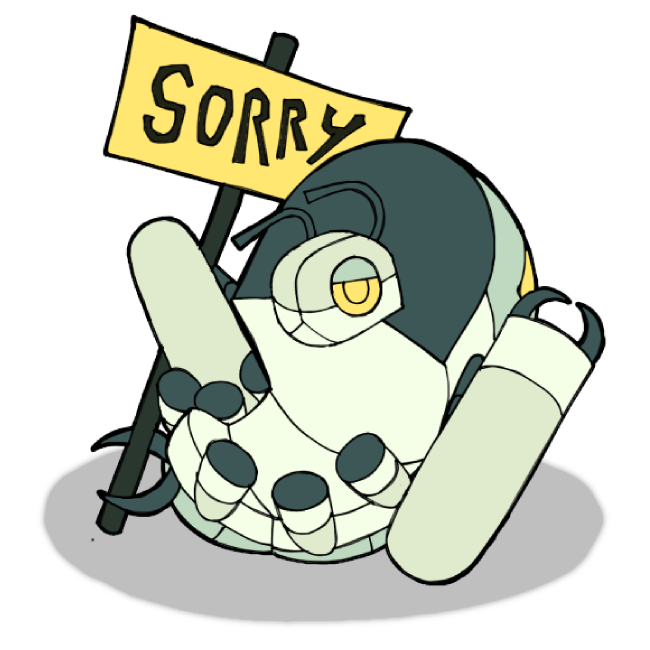A defeated Gruboid holding a sign that reads Sorry.