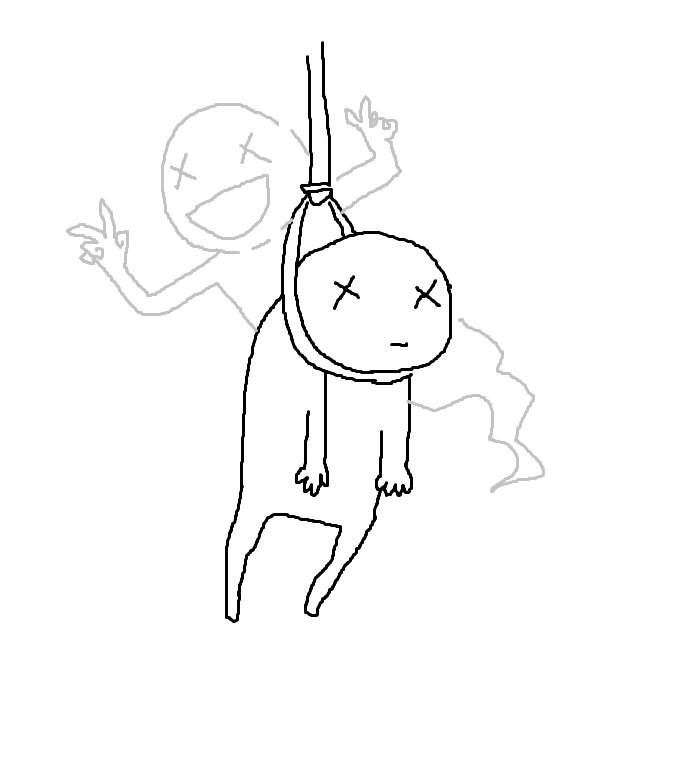 A drawing on ms-paint of a stickfigure hanging themself, behind their corpse a ghost holding their hands in victory sign