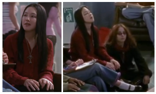 Picture of two women. On the left is a woman in her 20s with long, straight, black hair, dark brown eyes, a heart-shaped face and fair, olive-toned skin. On the right is a woman in her 20s with wavy, shoulder-length, copper-brown hair, red-tinted rectangular glasses and fair, peach-toned skin.