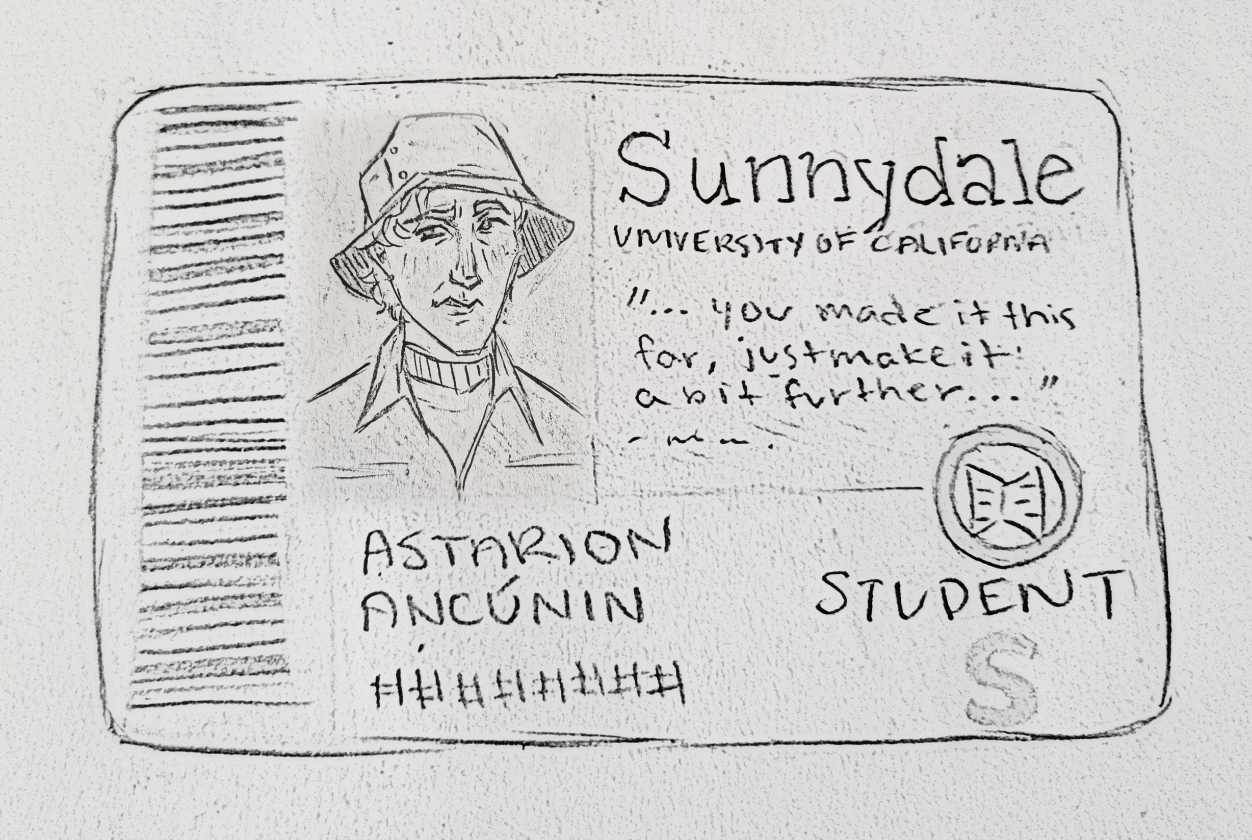 Pencil sketch of a Sunnydale student ID card. The photo on the ID is of Astarion wearing a bucket hat and a disgruntled expression.