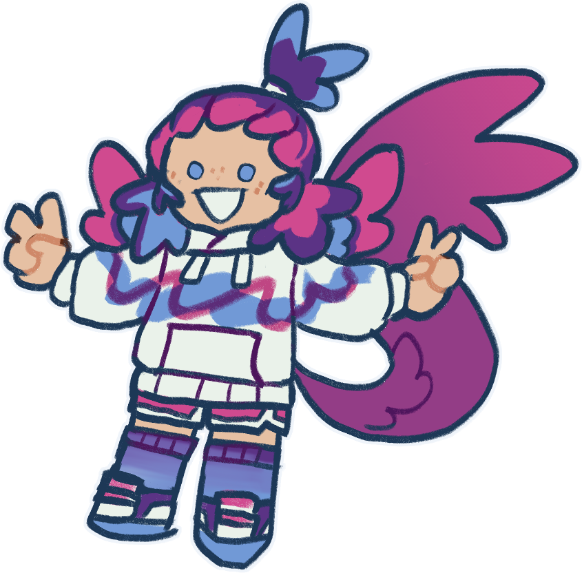 A humanized form of Paper Cup, a pale-skinned human-chicken hybrid with pink, purple and blue hair, wearing a white hoodie with the jazz patern, pink shorts, purple and blue thigh-high socks and running shoes. She has small pink wings and a long pink feathery tail.