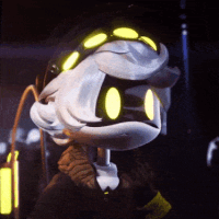 a gif of N from murder drones looking off to the side in annoyance