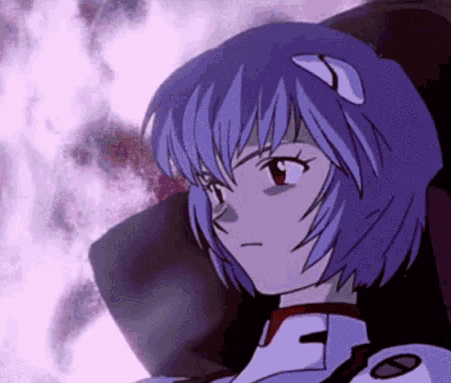 gif of rei ayanami from neon genesis evangelion depicting her gagging while piloting an eva.