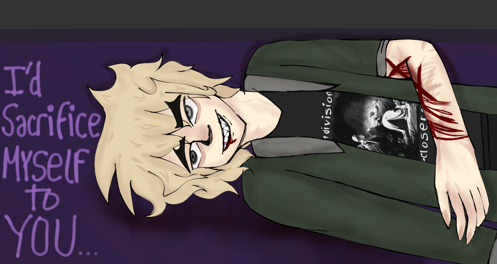Nikita Petrov, one of my characters, passing out in the floor after a suicide attempt involving slashing his wrists, with the phrase 'I'd Sacrifice Myself to you' from well known song 'Sacrifice' from the band London after Midnight
