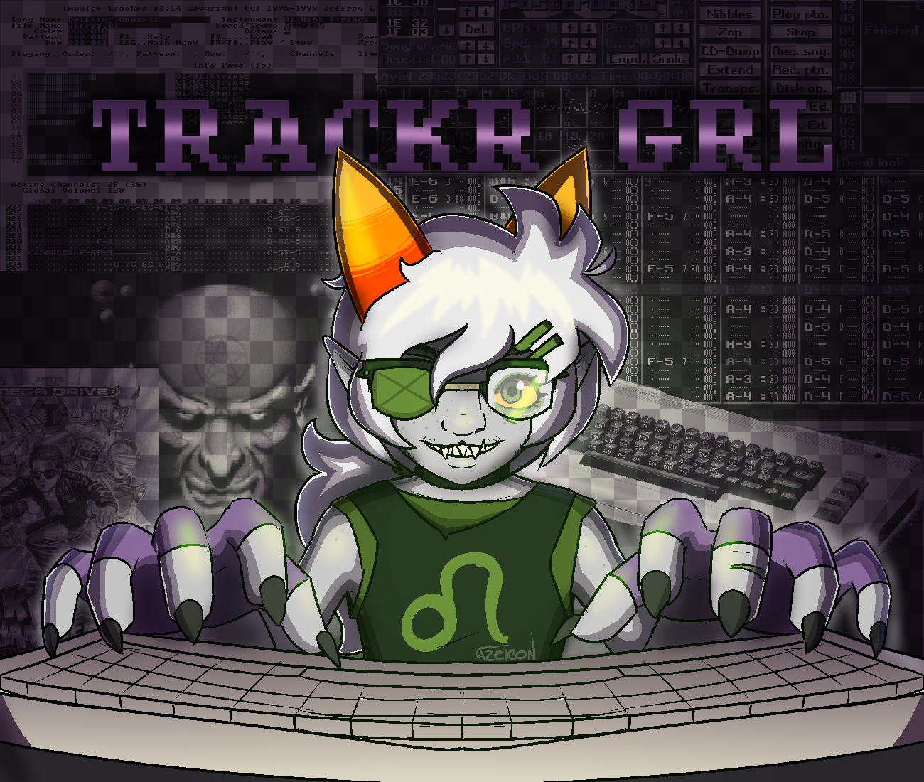 A troll sitting at a desk with various old programs in the background