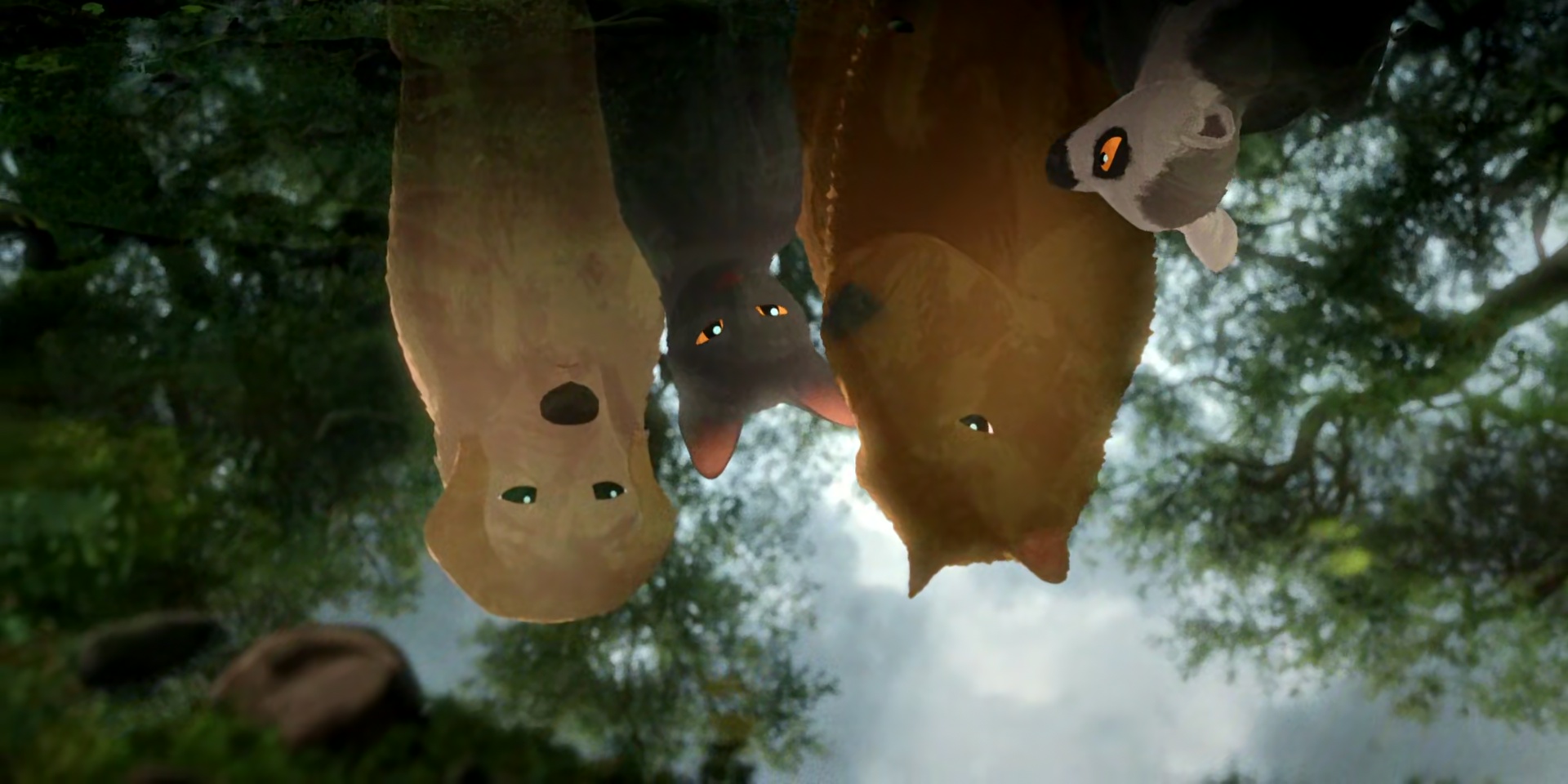 Screenshot from the 2024 movie Flow, featuring the cat, capybara, Labrador dog, and lemor