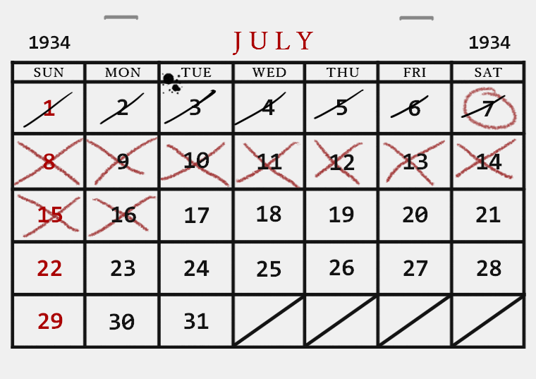 A calendar of July 1934. The days up to 16 are crossed off with a pen and red crayon.