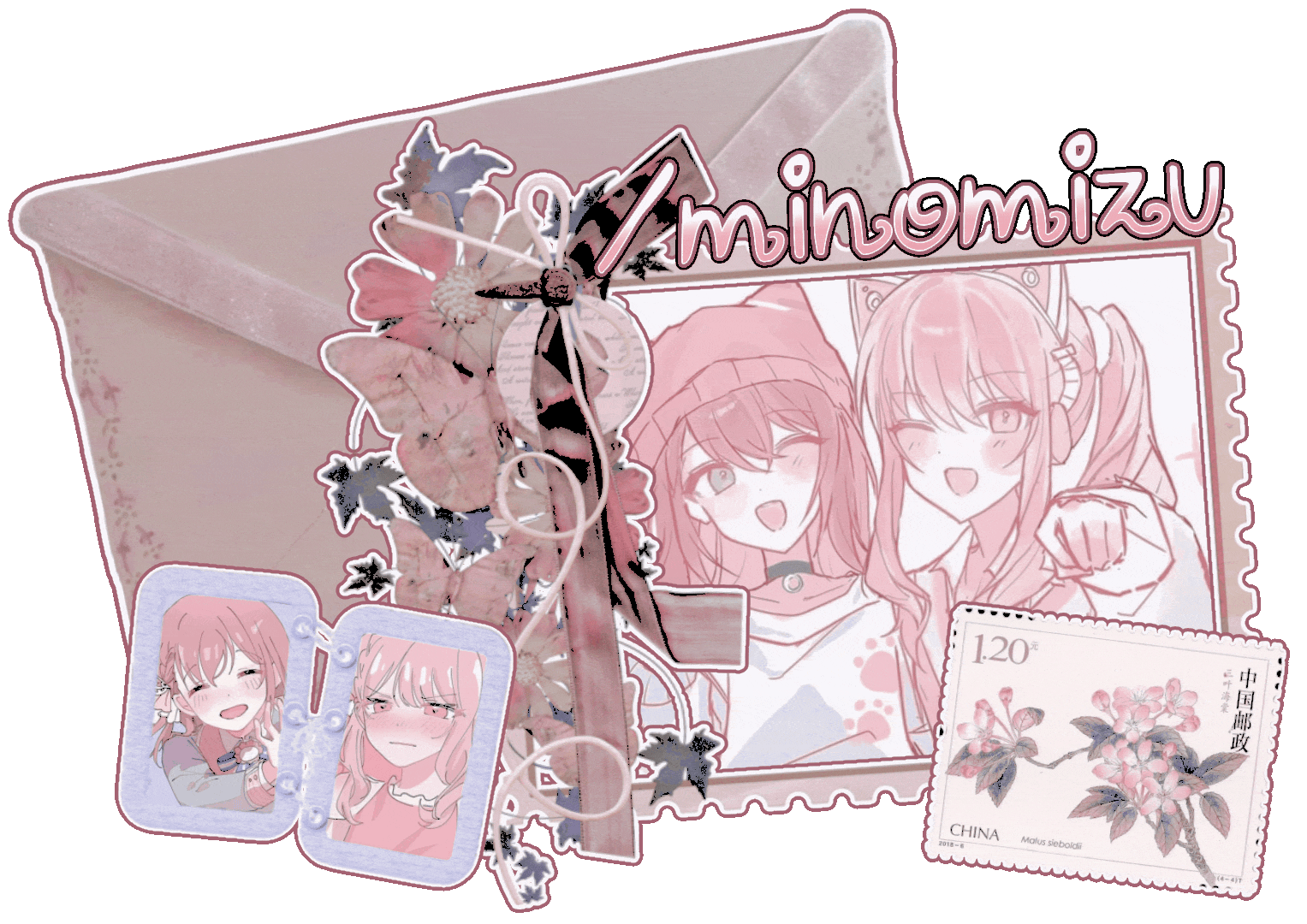minomizu graphic with the text "/minomizu"; art by shizu_MMJ (twt), 1chibii (pin), and chasu_ice (twt)
