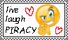 Stamp featuring a devious yellow emoji surrounded by hearts with the text 'Live Laugh Love Piracy'