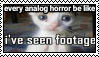 a stamp with an image of a white cat standing on its hind legs with text in front reading 'every analog horror be like / i've seen footage