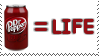 'dr pepper = life' a white stamp with an image of a dr pepper can on the left and text on the right reading '= life'