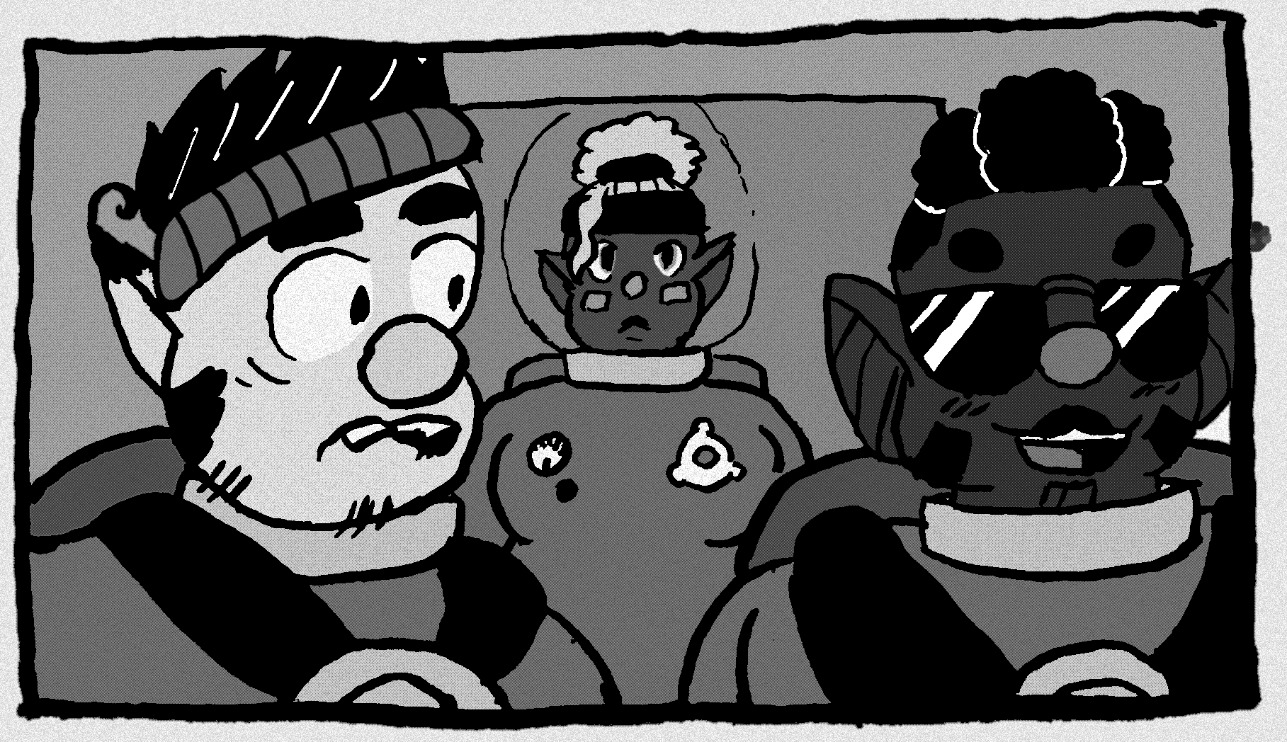 Greyscale drawing of Dingo and Bernard seated in the cockpit. Dingo is looking to Bernard, eyes wide with shock, while Bernard just smiles mischievously. Shepherd stands in a doorway behind them, staring.