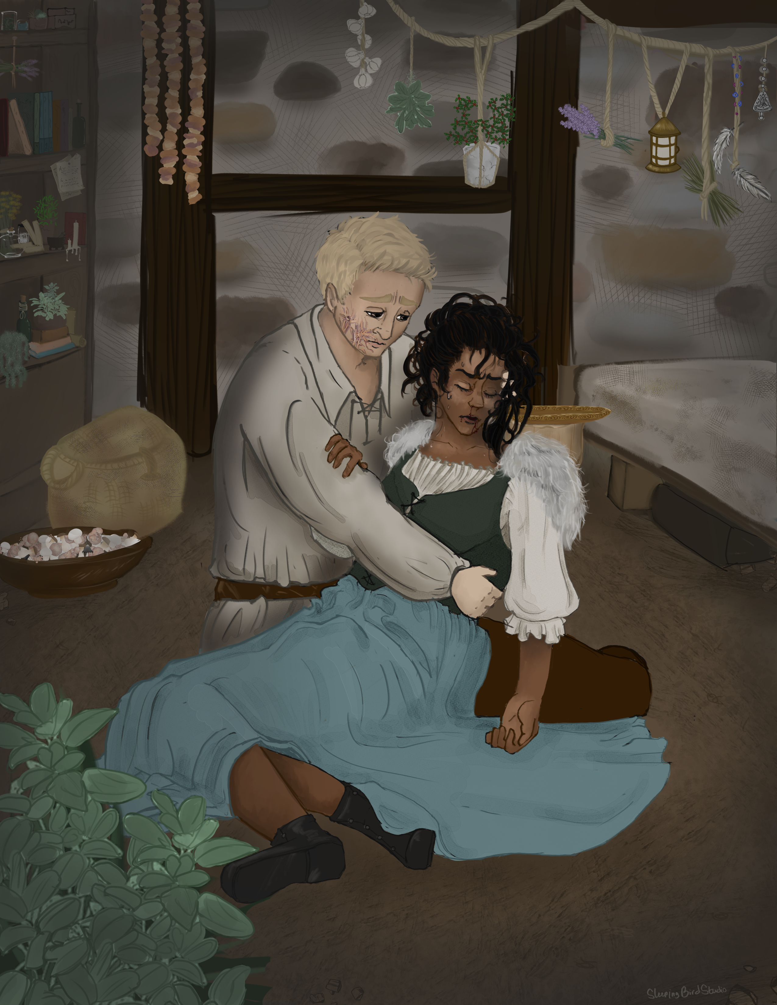 Digital artwork of Petra and Jan. Petra has medium dark skin and long black hair, and Jan has white skin, short blonde hair, and facial scarring. Both are dressed in medieval fashion, with Petra wearing a blue skirt, white shirt, and green corset vest and Jan wearing a cream shirt and brown belt. Petra's eyes are closed, and there is blood on her face from her mouth and nose. She is unconscious, and has a pained expression. Jan is cradling her in his arms and is looking at her with concern. They are both sitting on the floor of their home, in a room that contains a bed, several hanging decorations and plants, and various items used in witchcraft.