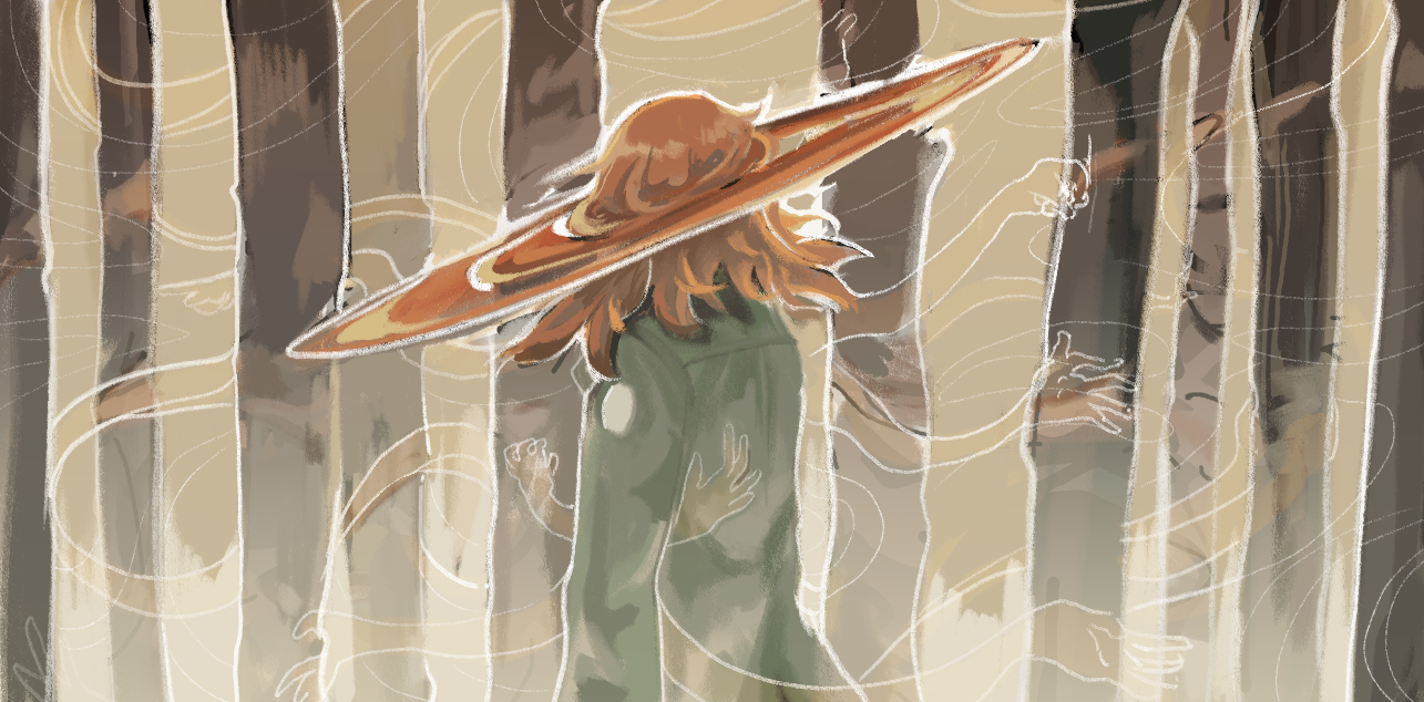 illustration of a girl in forest with many ghostly hands eminating from her